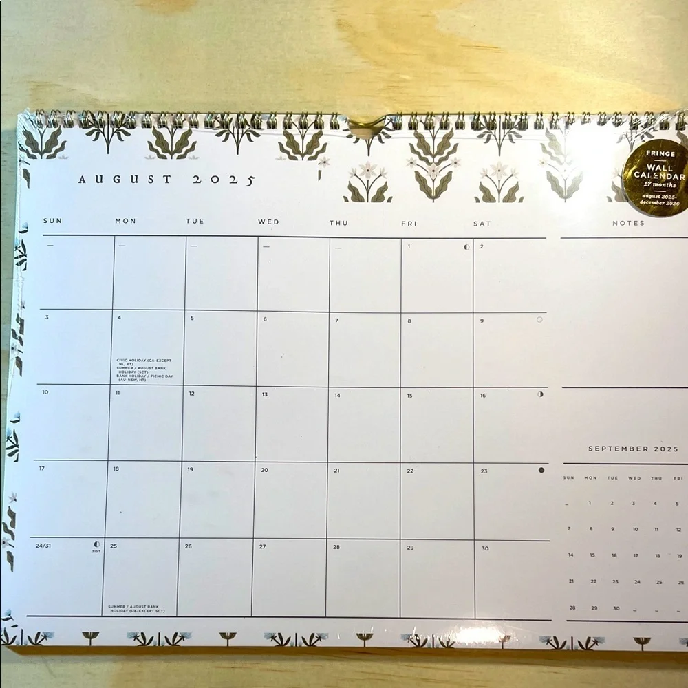 NWT Fringe Studio Elegant Gold and Cream Wall Calendar 17 Months